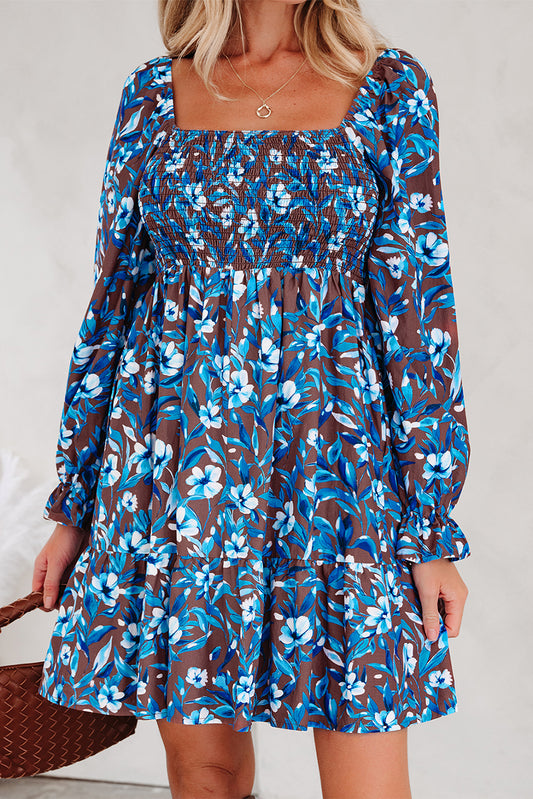 Floral Smocked Bodice Ruffle Sleeve Dress