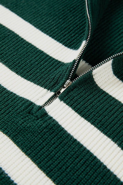 Stripe Ribbed Half-Zip Collar Sleeveless Sweater