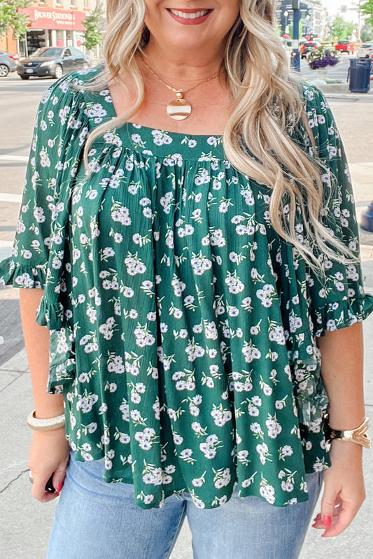 Plus Size Floral Ruffle Trim Blouse