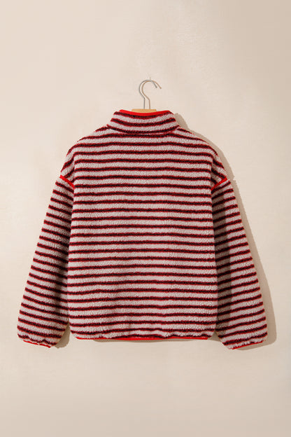 Stripe Fleece Contrast Trim Buttoned Sweatshirt