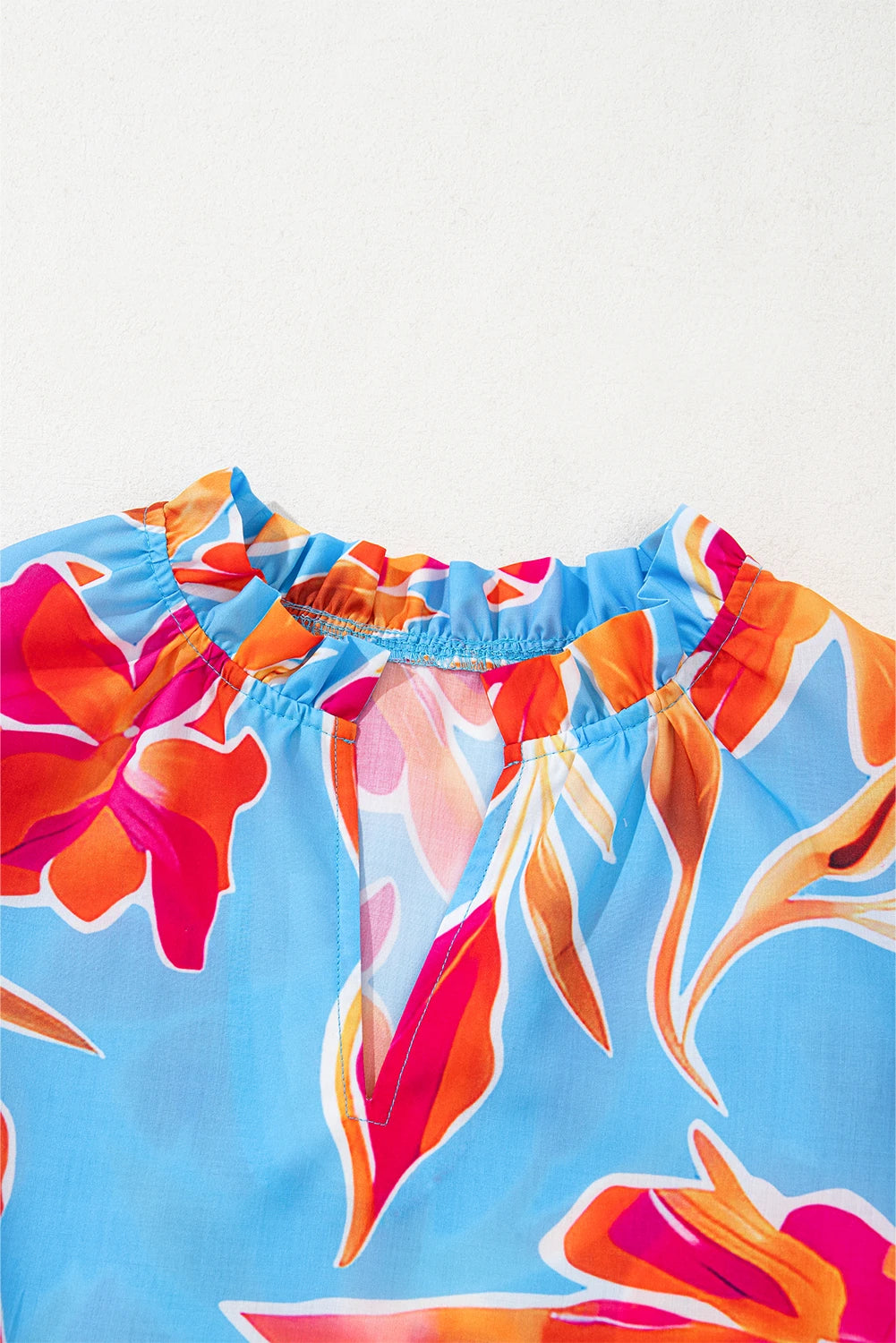 Floral Pompom Trim Flutter Sleeve V-Neck Blouse