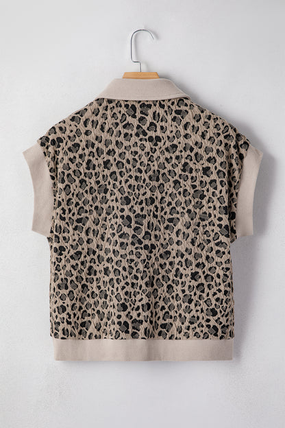 Leopard Zip-Up Collared Cap Sleeve Top