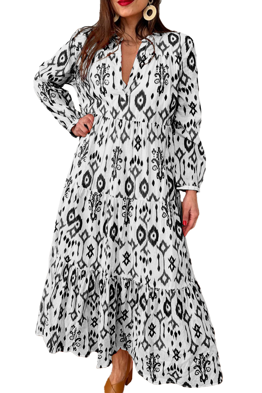 Abstract Long Sleeve Maxi Dress