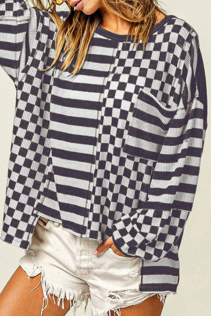 Checker Stripe Patchwork Pocketed Blouse