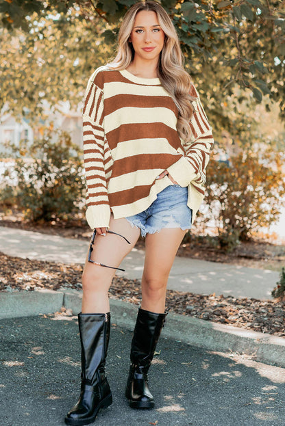 Stripe Patchwork Drop Shoulder Sleeve Sweater