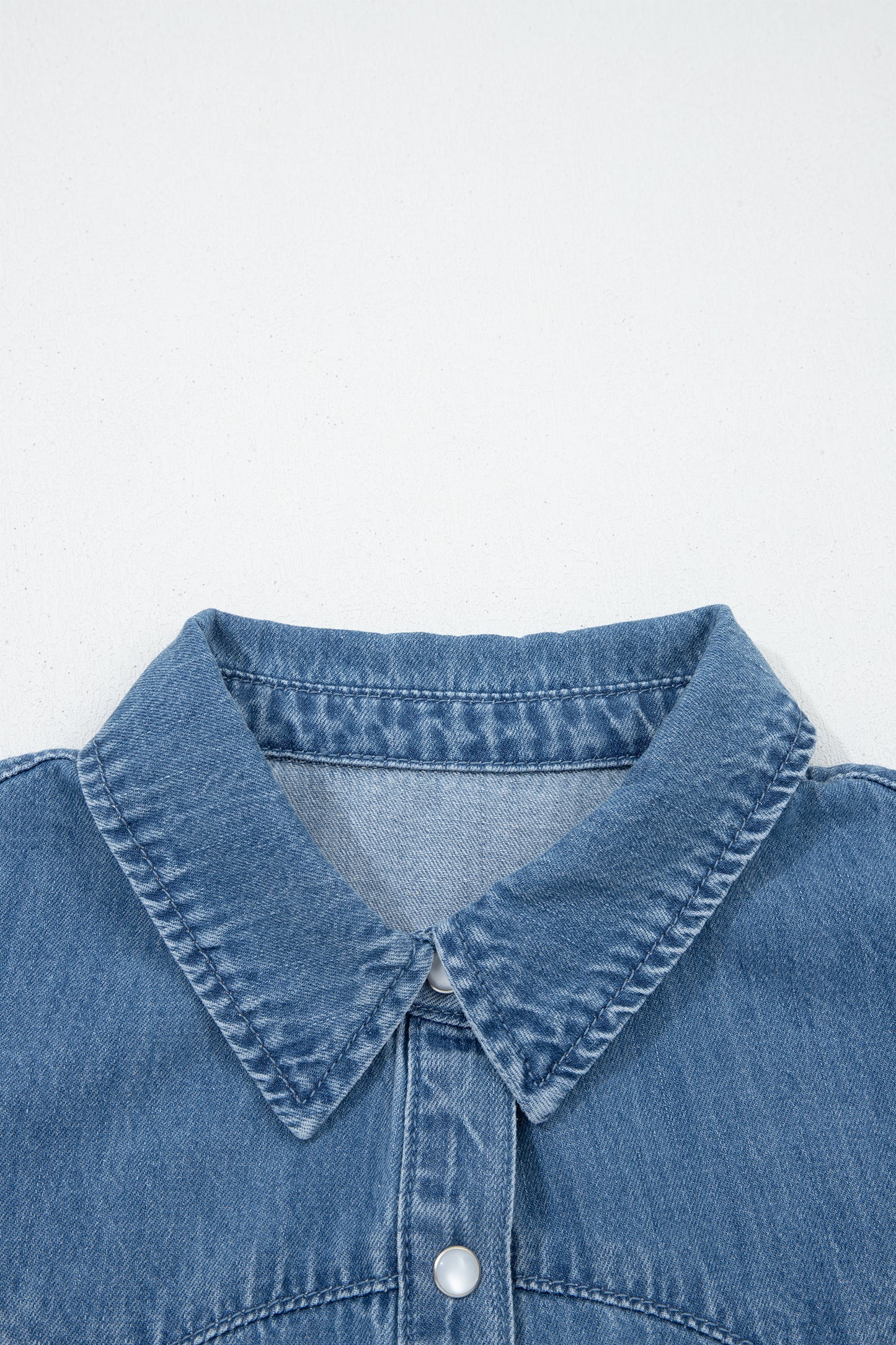 Solid Denim Ruffle Short Sleeve Buttoned Shirt