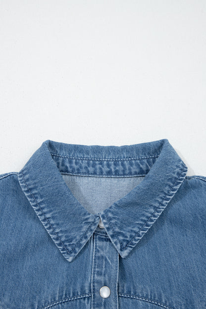 Solid Denim Ruffle Short Sleeve Buttoned Shirt