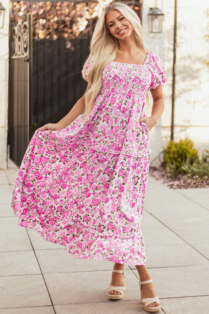 Dainty Floral Smocked Puff Sleeve Flowy Maxi Dress