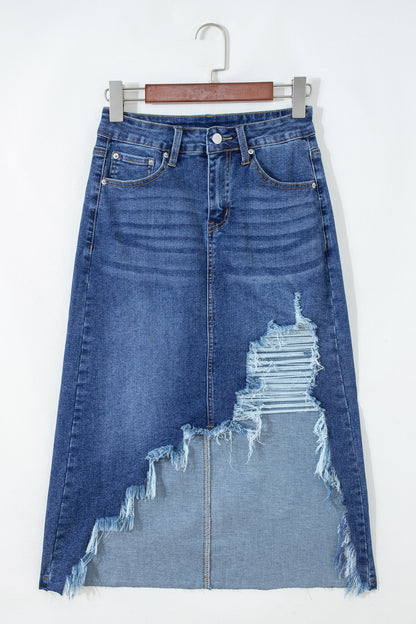 Denim Asymmetrical Distressed Midi Skirt