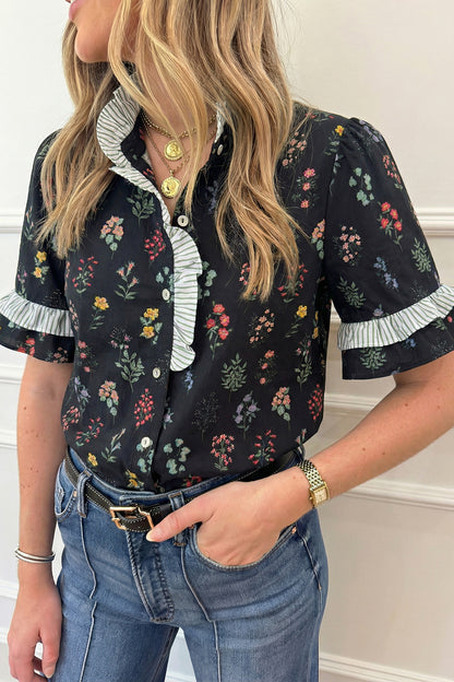 Floral Contrast Frill Trim Short Sleeve Shirt