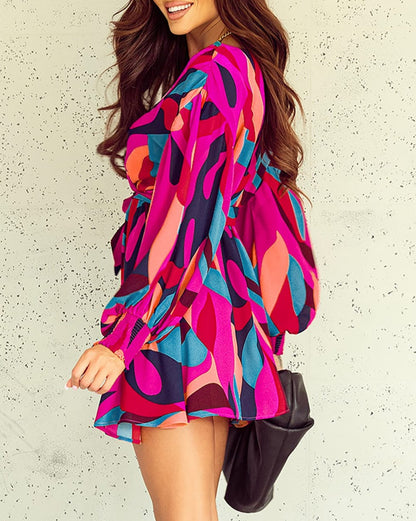 Abstract Belted Puff Sleeve Dress