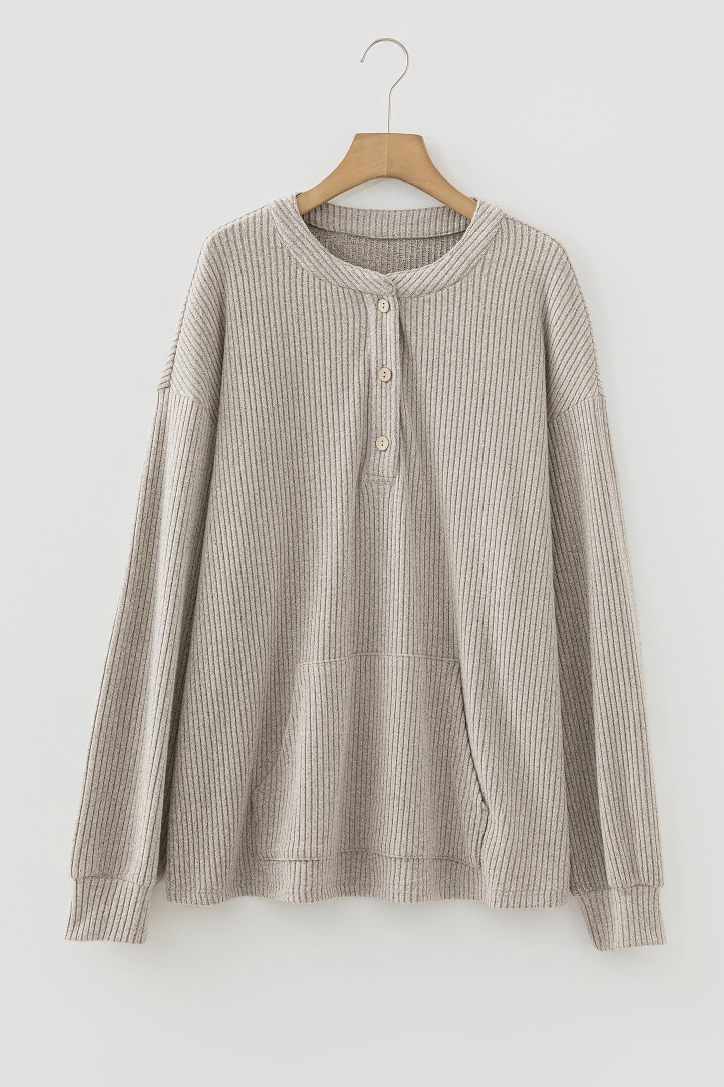 Plus Size Ribbed Knit Kangaroo Pocket Henley Top