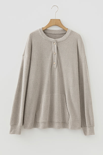 Plus Size Ribbed Knit Kangaroo Pocket Henley Top