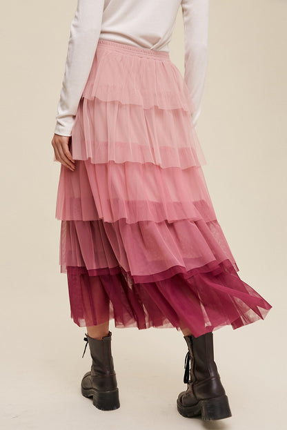 Gradient Ruffle Tiered Mesh Skirt