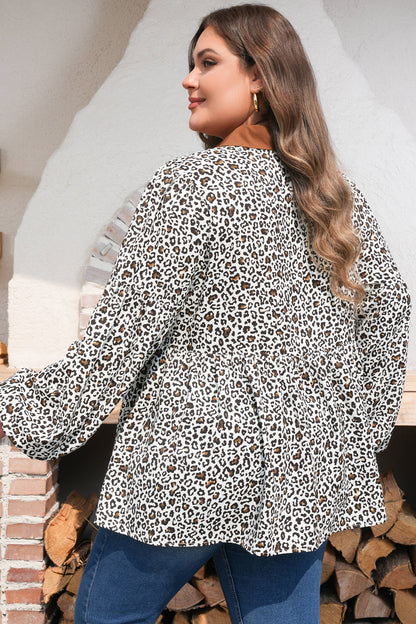 Plus Size Leopard Contrast Trim Puff Sleeve Blouse