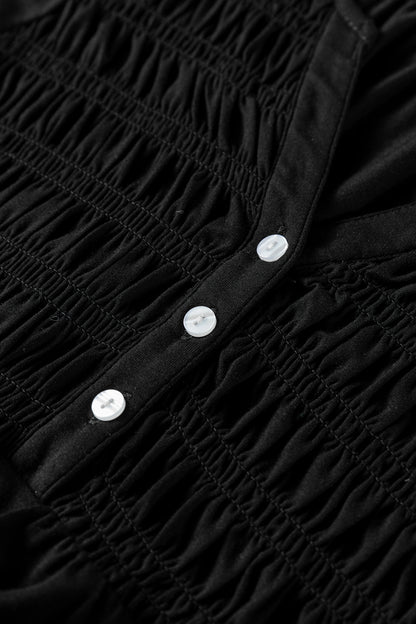 Solid Smocked Split V-Neck Buttoned Blouse