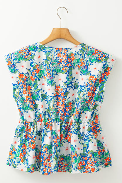 Floral Bow Tie Sleeveless Peplum Blouse