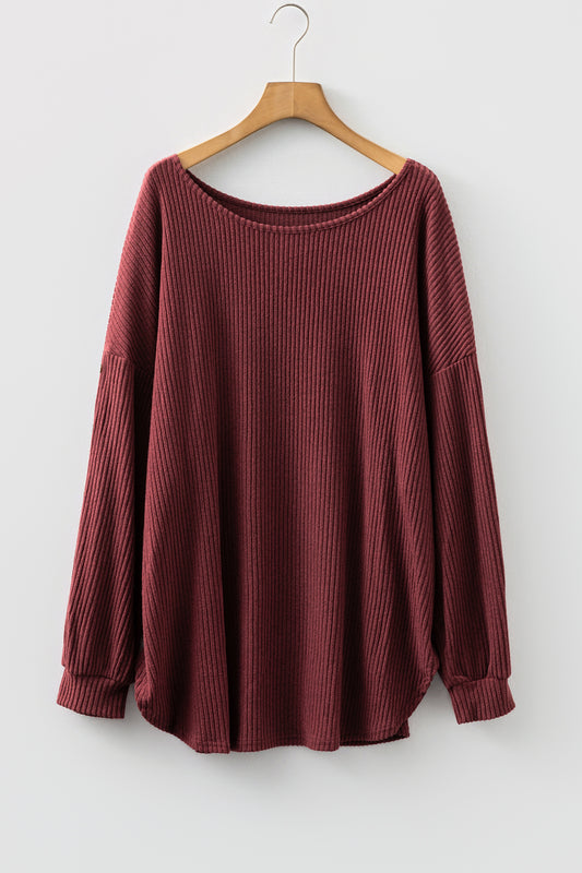 Plus Size Ribbed Button Decor Long Sleeve Top
