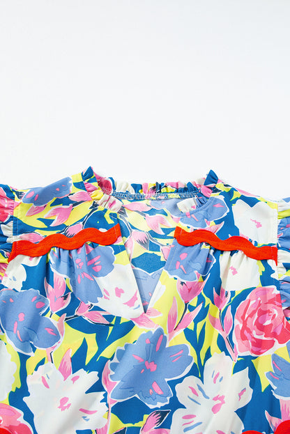 Floral Ric-Rac Flutter Sleeve V-Neck Dress