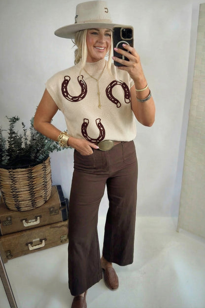 Western Corded Horseshoe Mock Neck Short Sleeve Sweater