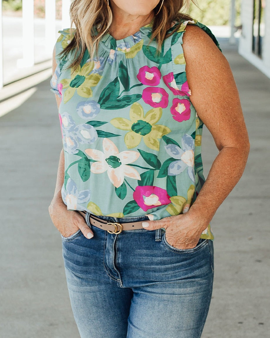 Floral Ruffle Trim Tank Top