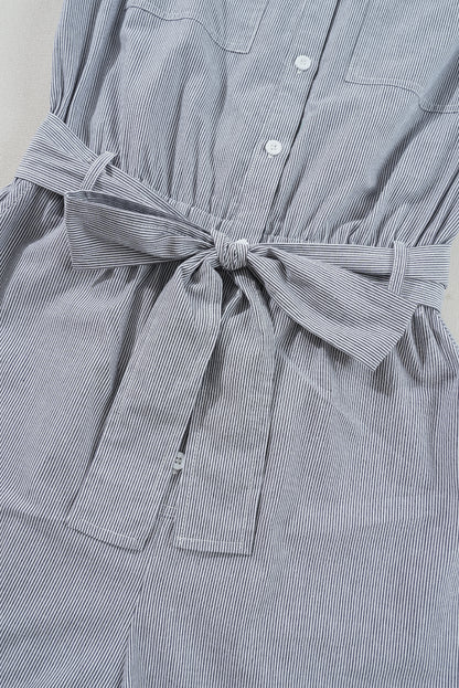 Stripe Chest Pockets Buttoned Collar Belted Romper