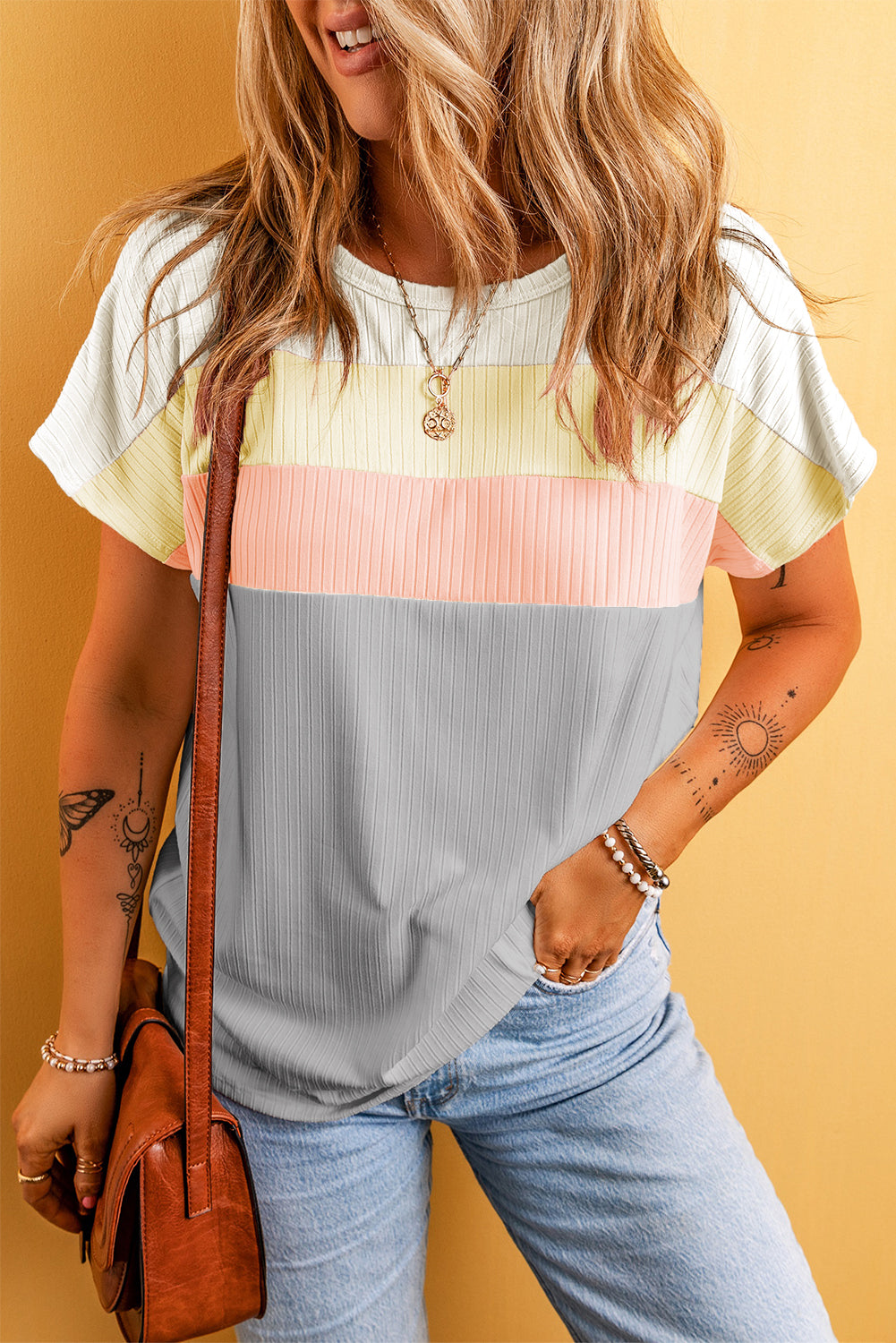 Colorblock Ribbed Short Sleeve T-Shirt