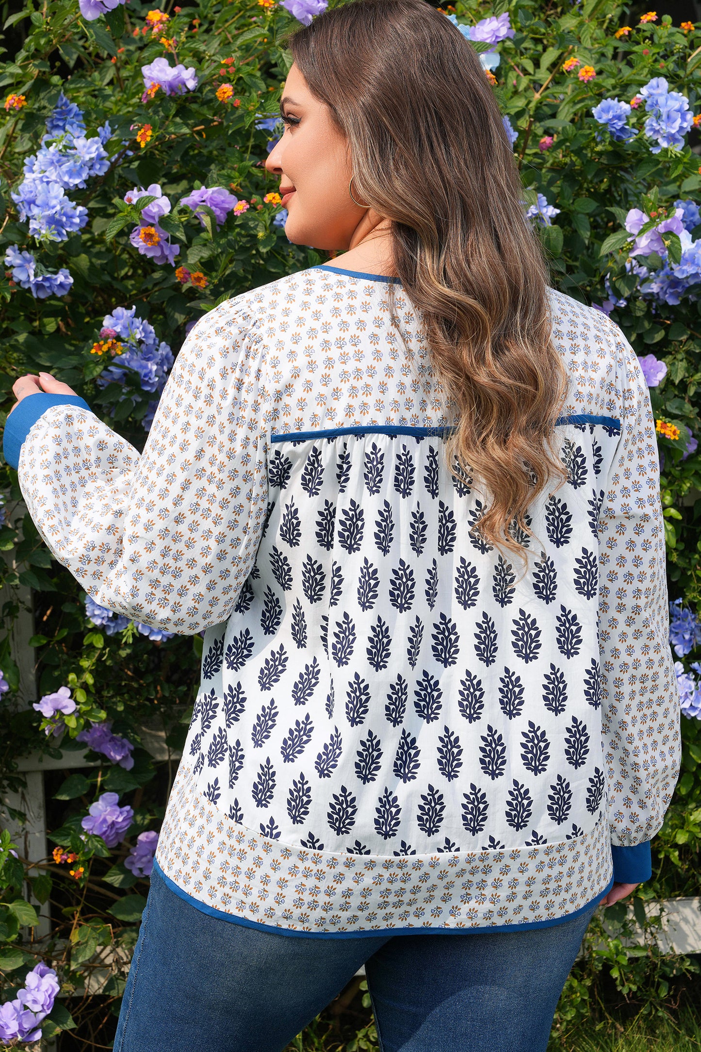 Plus Size Boho Floral Patchwork Puff Sleeve Blouse