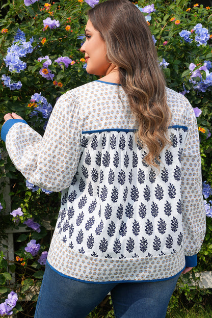 Plus Size Boho Floral Patchwork Puff Sleeve Blouse