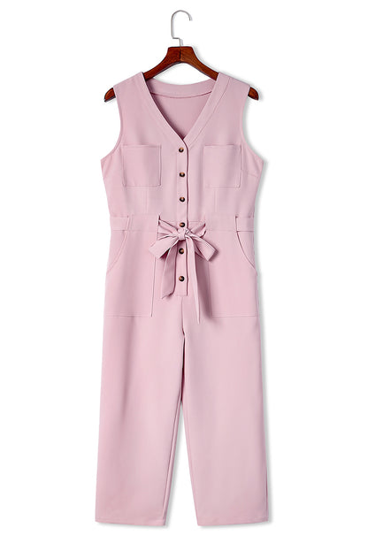 Button-Up Sleeveless Belted Jumpsuit