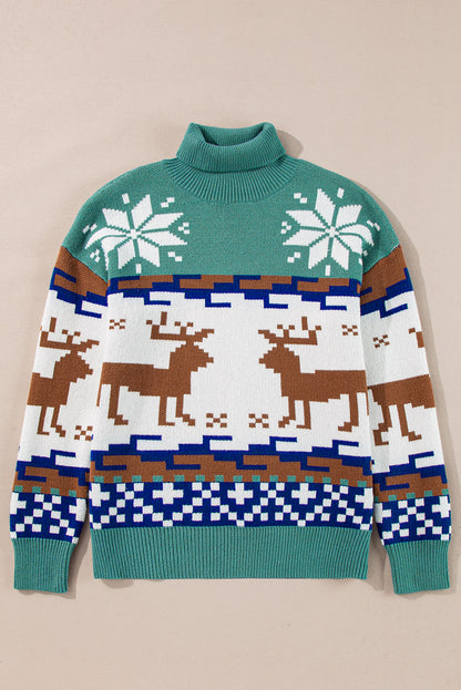 Reindeer Colorblock Turtleneck Christmas Sweater