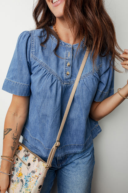 Denim Pleated Half Buttoned Short Sleeve Top