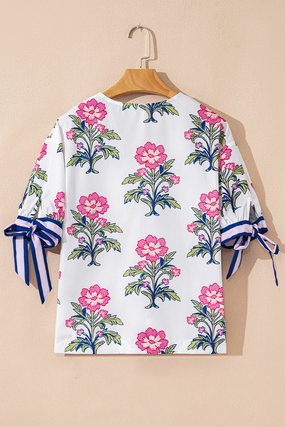 Floral Colorblock Stripe Knot Bubble Sleeve Blouse