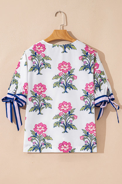 Floral Colorblock Stripe Knot Bubble Sleeve Blouse