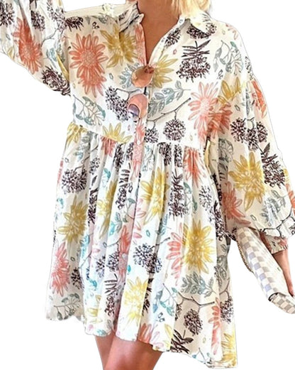 Floral Bubble Sleeve Shirt Dress