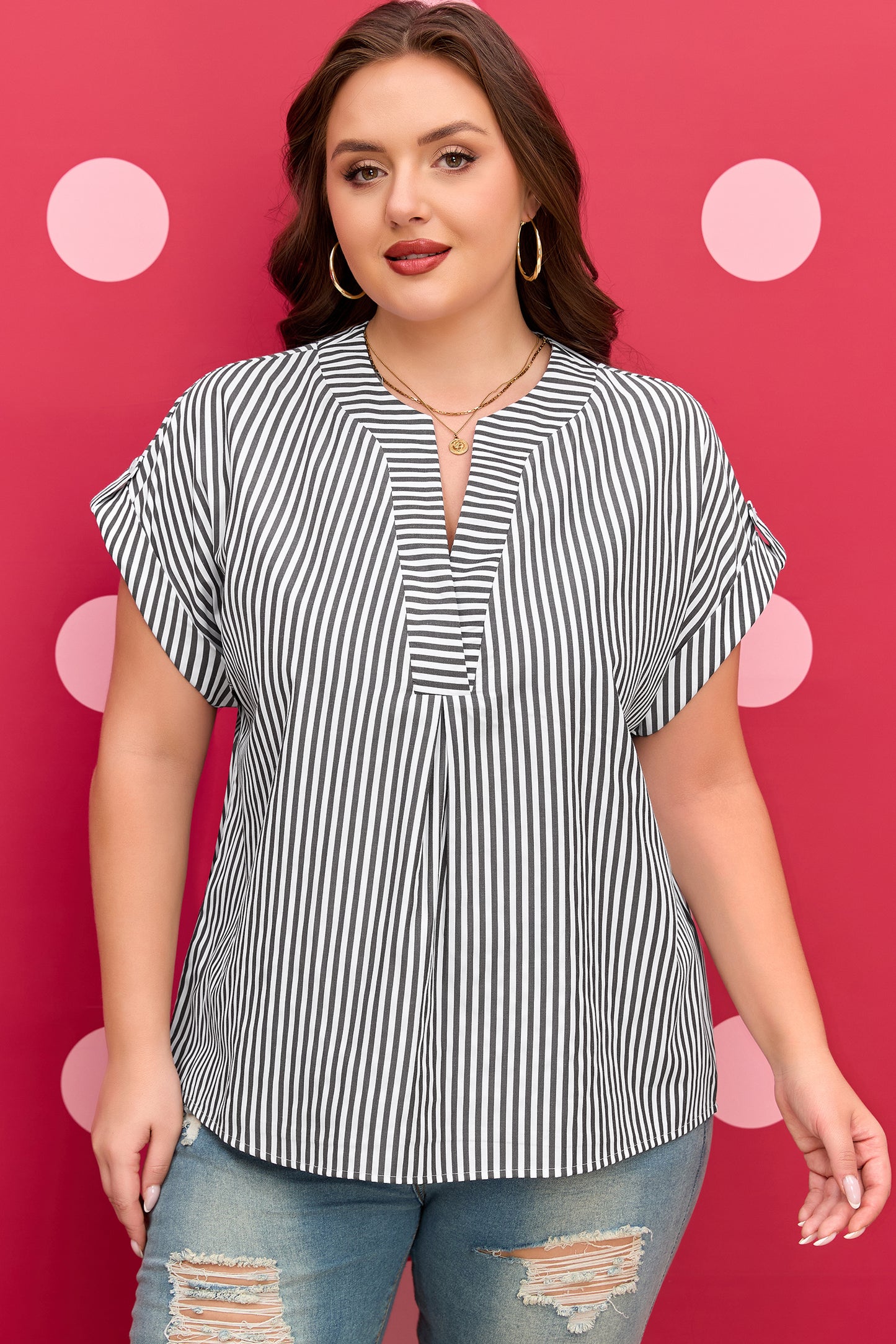 Plus Size Stripe V-Neck Dolman Sleeve Blouse