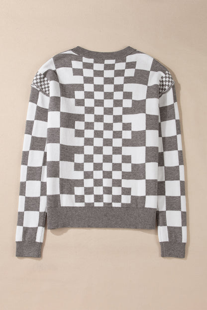 Checker Round Neck Drop Shoulder Sweater