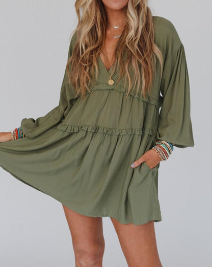 Ruffle Balloon Sleeve Dress w/Pockets