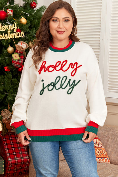 Plus Size Christmas Holly Jolly Colorblock Edge Sweater
