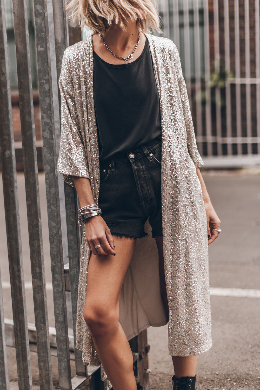 Sequin 3/4 Sleeve Duster Kimono