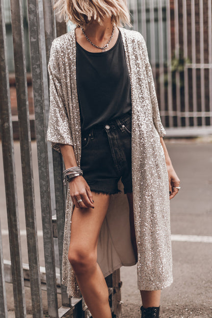 Sequin 3/4 Sleeve Duster Kimono