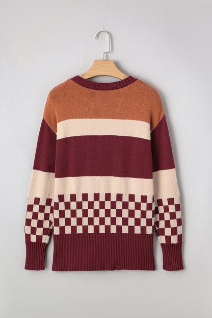Checker Colorblock Knitted Drop Shoulder Sweater