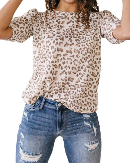 Leopard Textured Ruched Sleeve T-Shirt