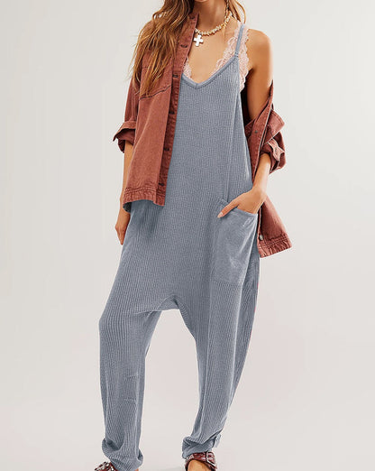 Waffle Sleeveless Pocketed Jumpsuit