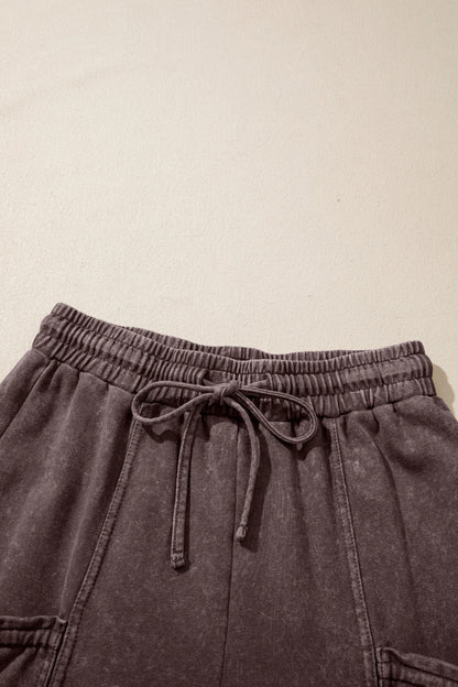 Solid Mineral Wash Drawstring Cargo Pocket Pants