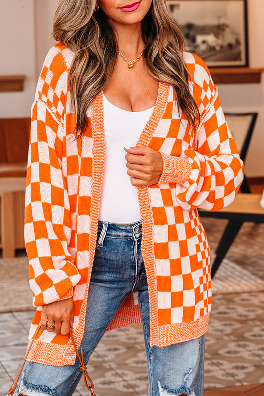 Checker Open Front Drop Shoulder Cardigan