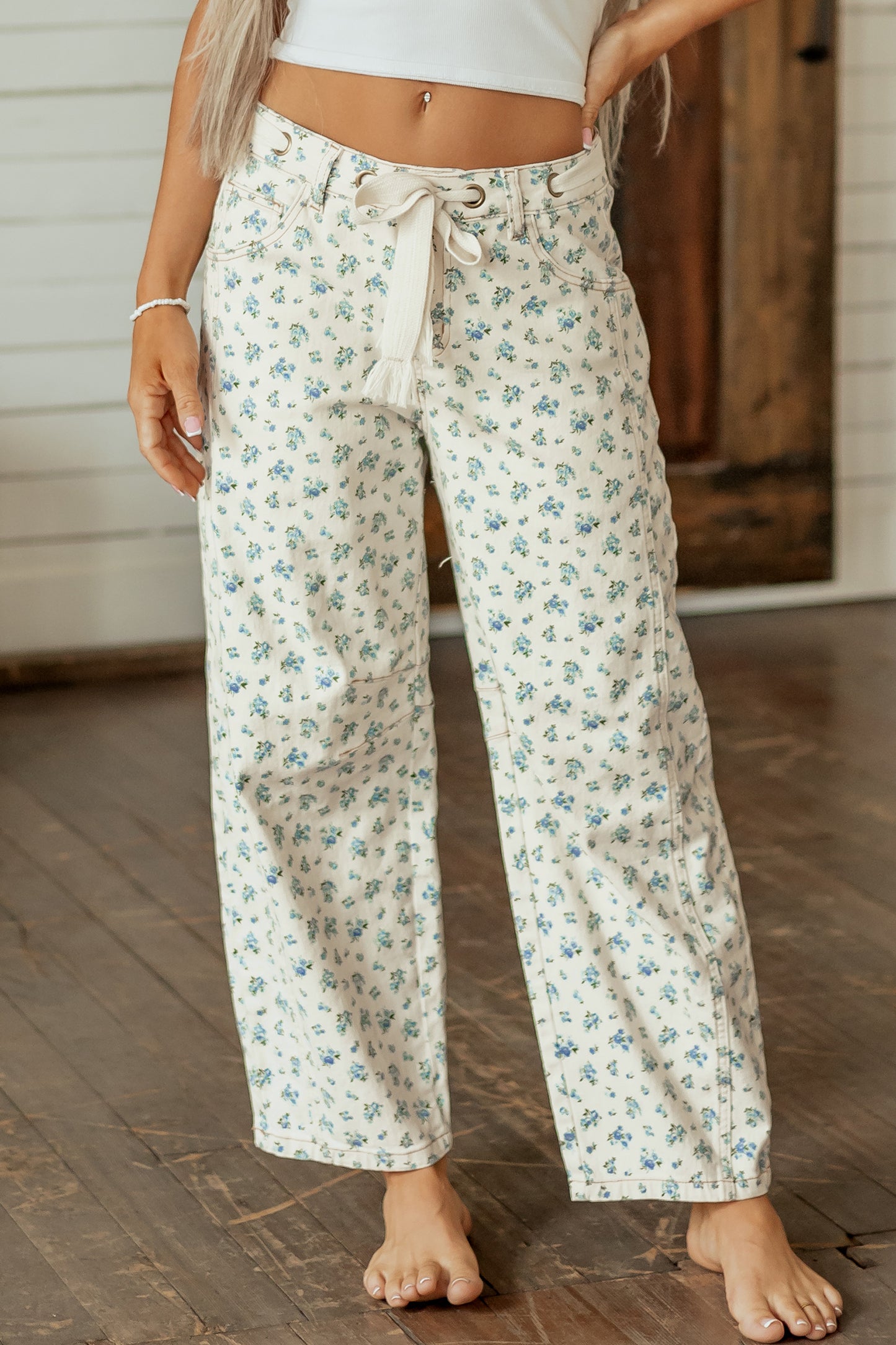 Floral Grommet Knot Waist Barrel Leg Jeans