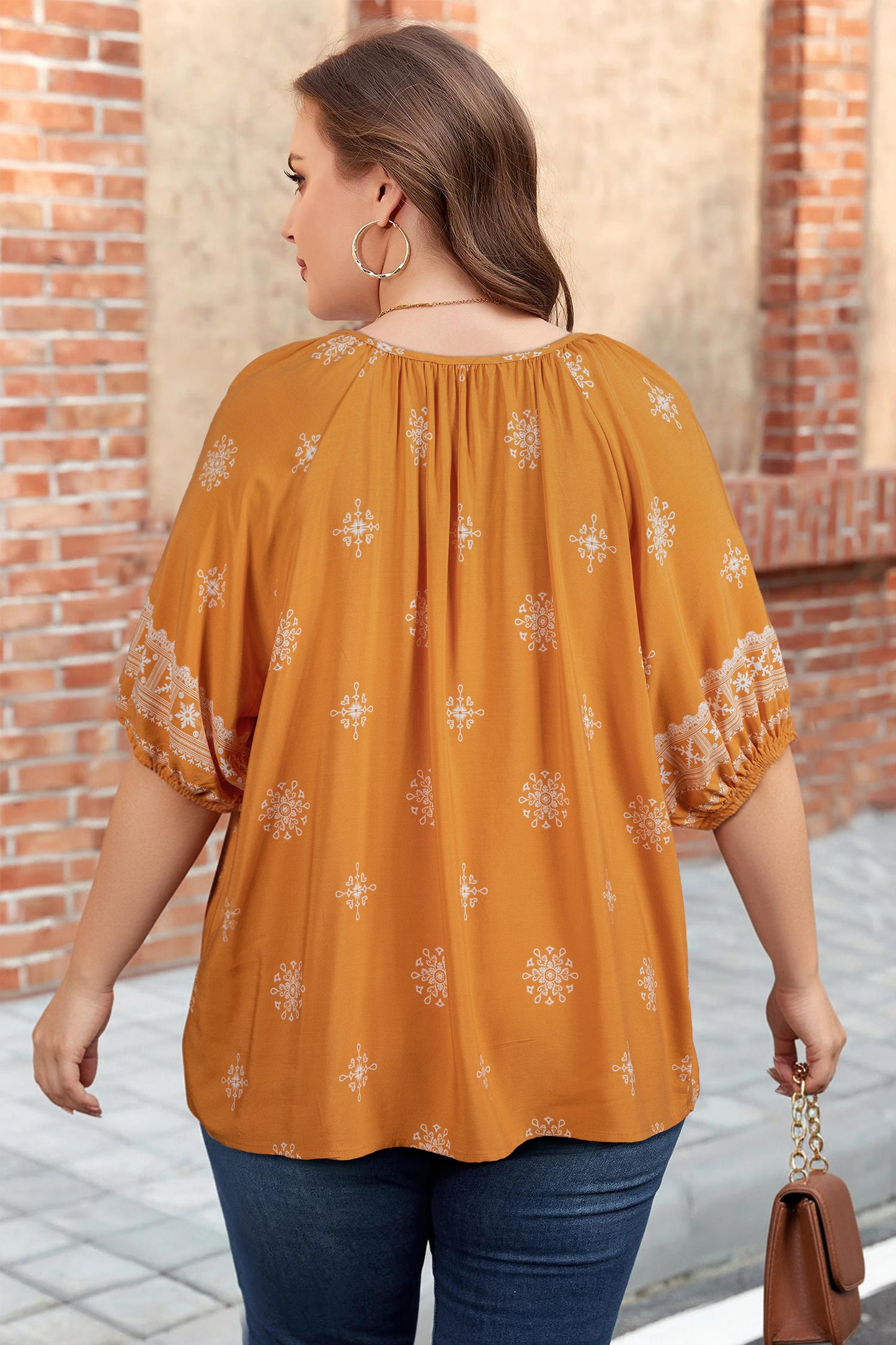 Plus Size Boho Floral Boho Notch V-Neck Top