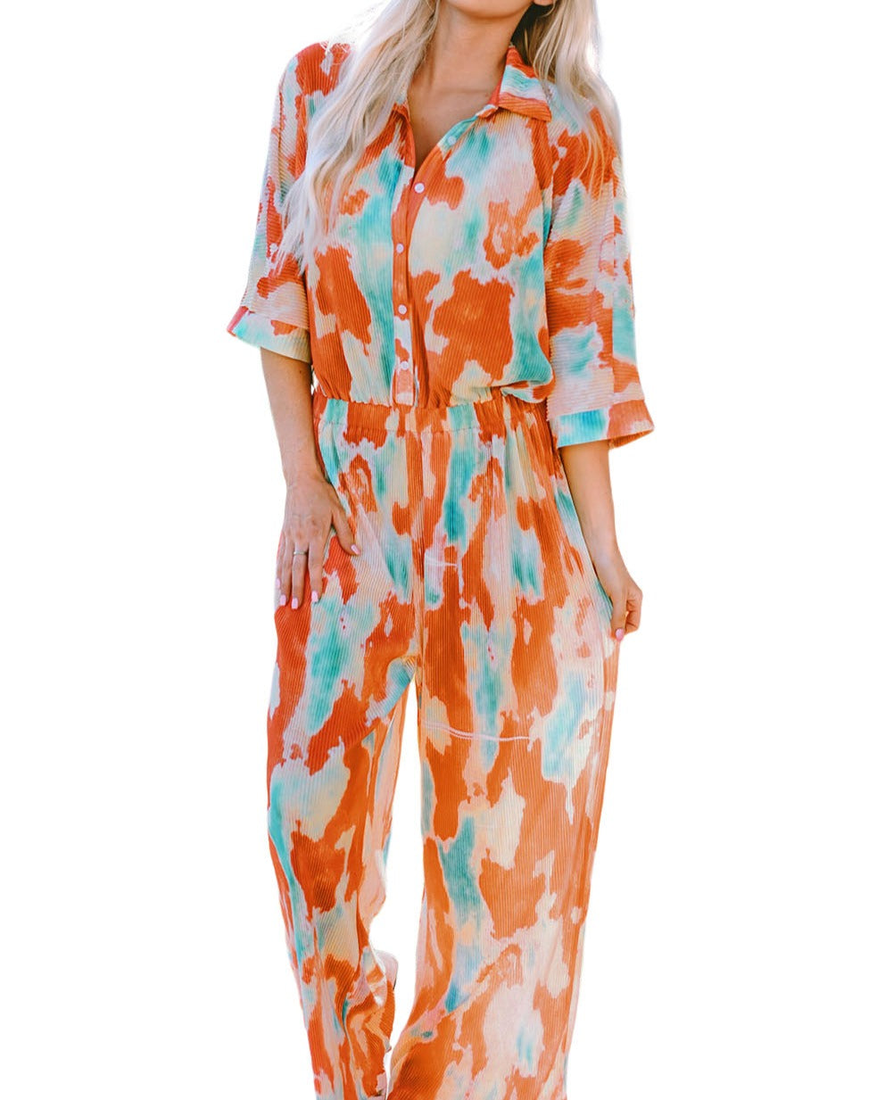 Tie-Dye Pleated Collared Jumpsuit