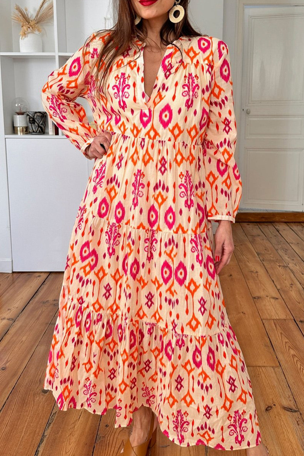 Western Abstract Long Sleeve Maxi Dress